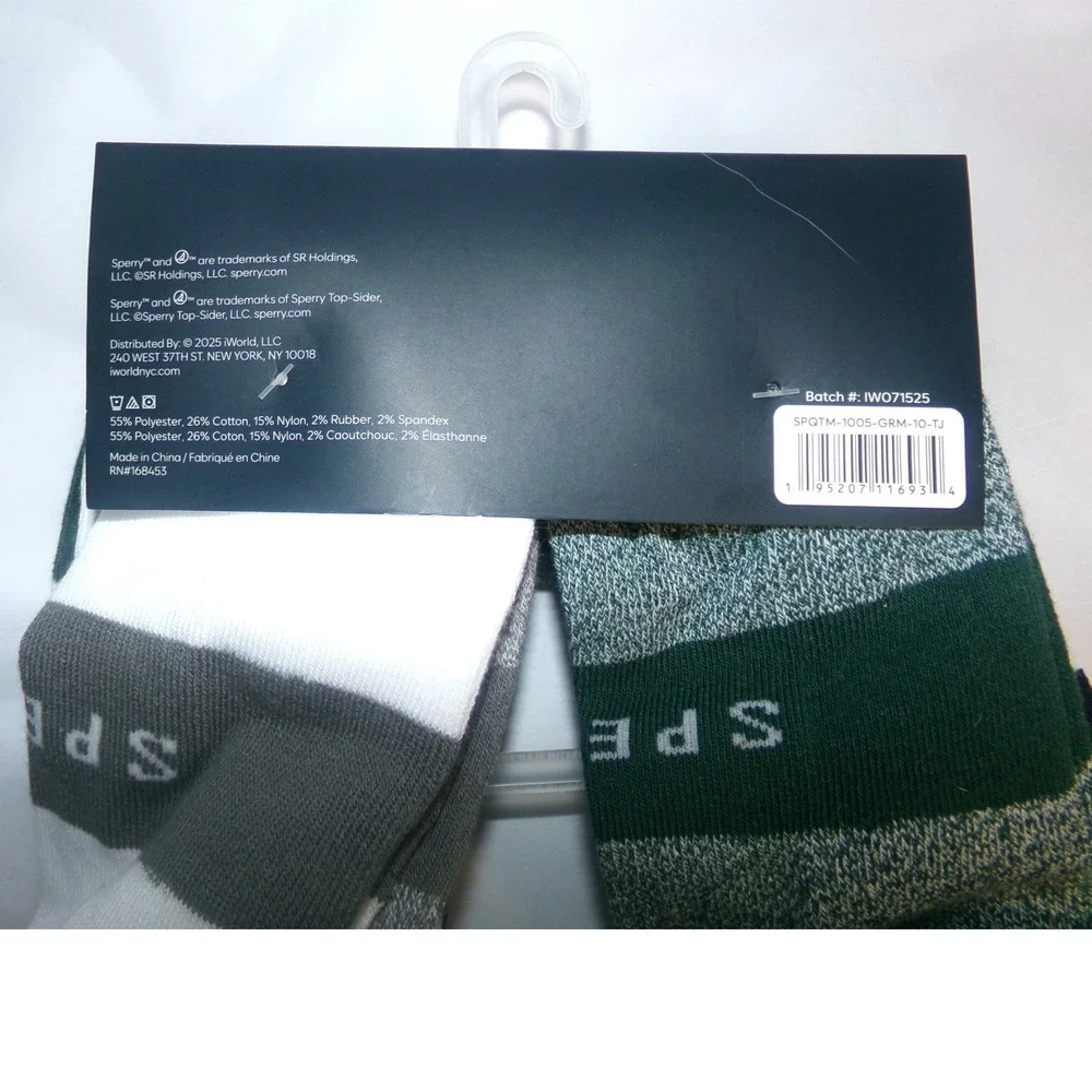 Sperry Mens Cushioned Quarter Socks 8 Pair Pack Navy Green Grey White Size 6-12